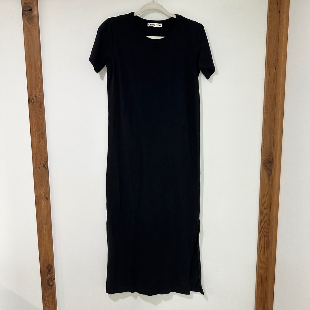 American Giant Black Maxi T-Shirt Dress Women XS Short Sleeve Side Slit Cotton